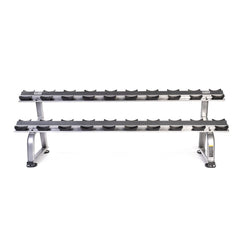 MYO Strength premium 2-tier dumbbell rack for 10 pairs. Silver frame. PU Stirrups