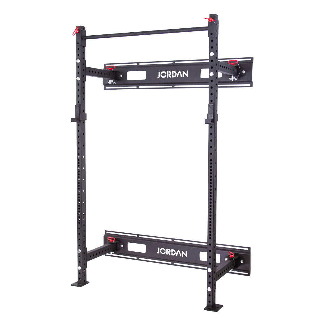 wall mounted folding power rack from Jordan Fitness. Black coated steel frame