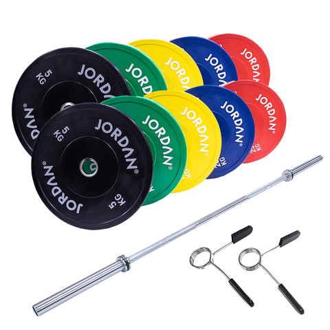 Jordan Fitness Coloured Olympic Bumper Plate Set with Olympic Bar | 100kg