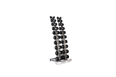 MYO Strength urethane dumbbells on a vertical dumbbell rack