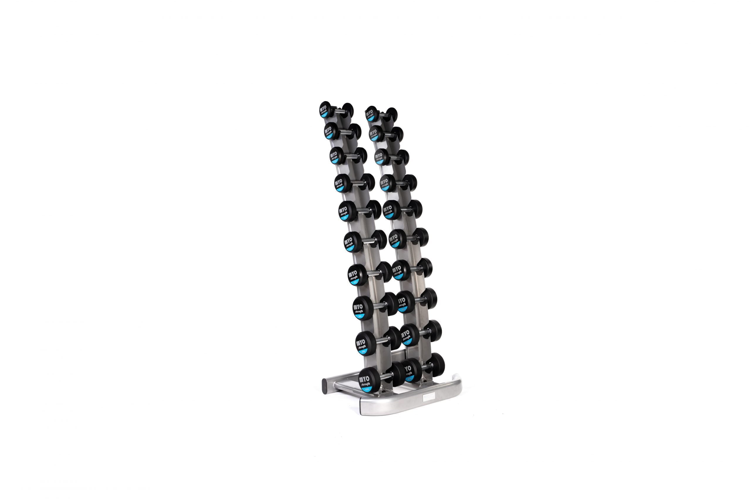 Two sets of MYO Strength rubber dumbbells on vertical dumbbell racks