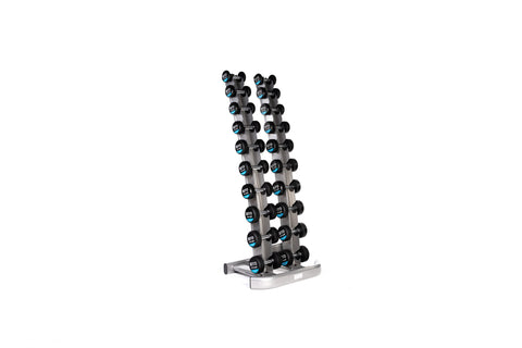 Two sets of MYO Strength rubber dumbbells on vertical dumbbell racks