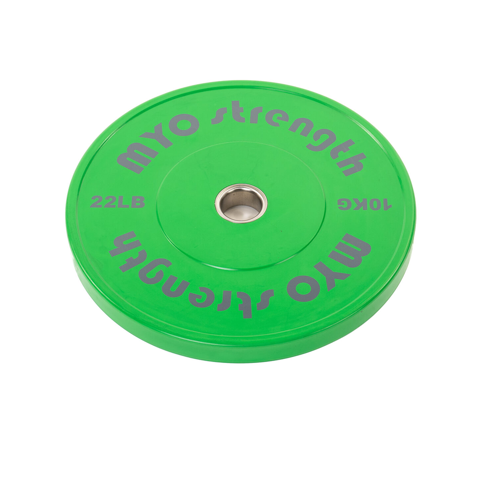 Myo Strength 10kg green coloured olympic solid rubber bumper plates.