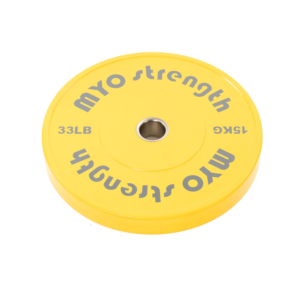 Myo Strength 15kg yellow coloured olympic solid rubber bumper plates.