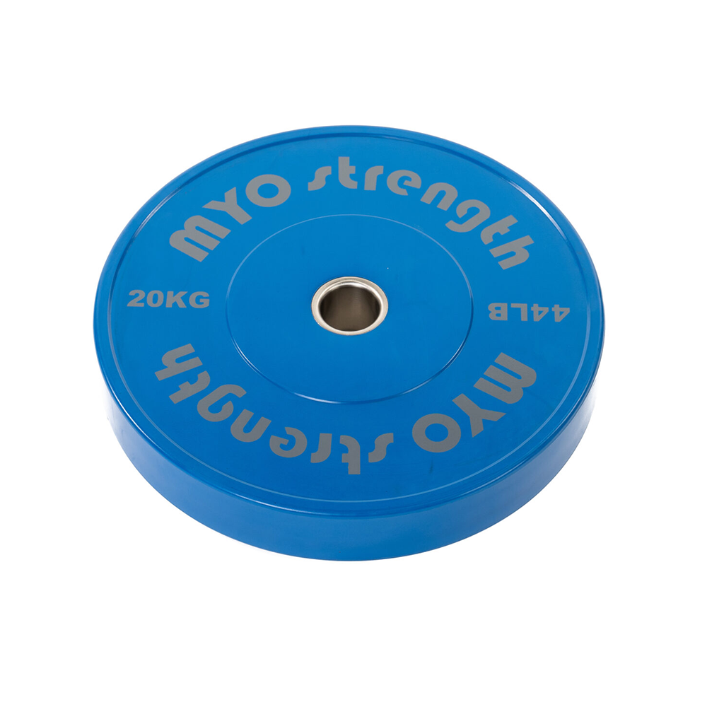 Myo Strength 20kg blue coloured olympic solid rubber bumper plates.