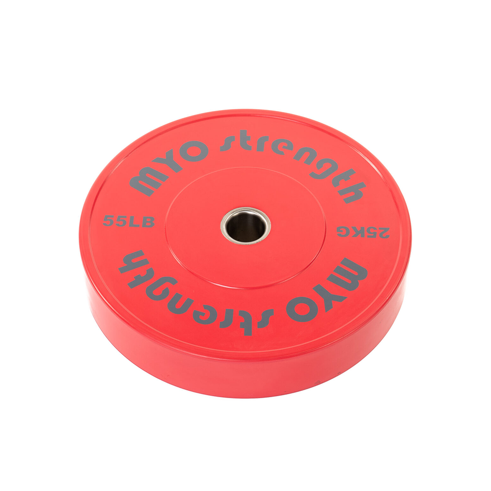Myo Strength 25kg red coloured olympic solid rubber bumper plates.