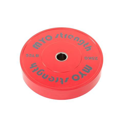 Myo Strength 25kg red coloured olympic solid rubber bumper plates.