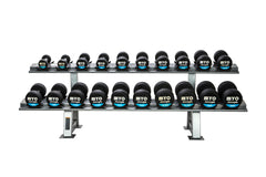 Two rows of MYO Strength rubber dumbbells on a metal rack. 