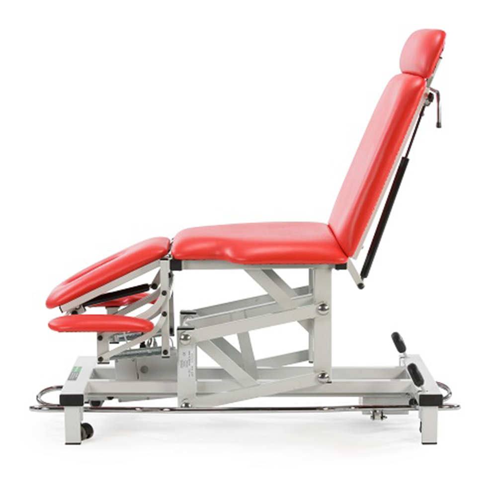 plinth medical examination couch 515 red. side angle seated. 