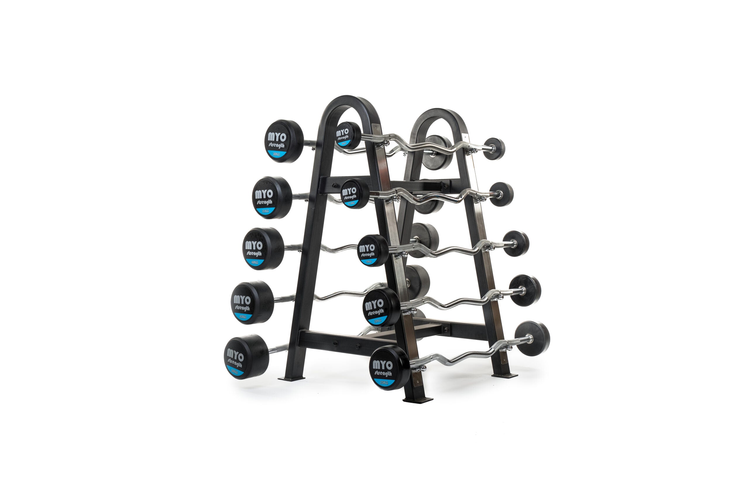 MYO Strength double sided barbell storage in black. Holds up to 10 barbells 