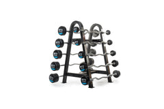 MYO Strength double sided barbell storage in black. Holds up to 10 barbells 