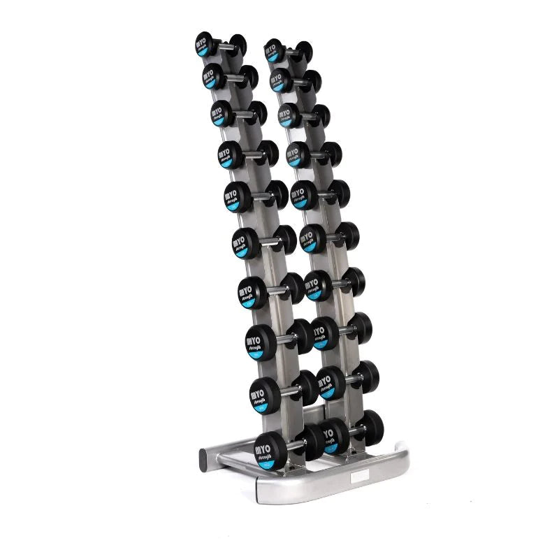 MYO Strength vertical curved dumbbell rack holding 10 pairs of MYO Strength dumbbells