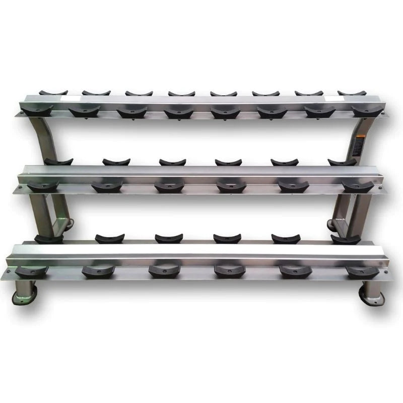 MYO Strength 3 tier dumbbell rack for 10 pairs. Silver frame