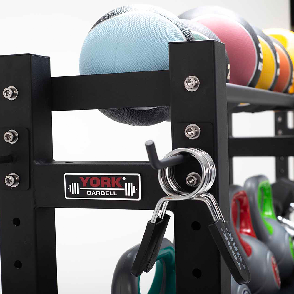 York Barbell 4-Tier Functional Weights & Bar Storage grip hooks