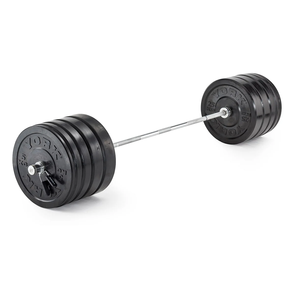 York Barbell Black Olympic Bumper Plates with Olympic Bar Set. 150kg wth 7ft olympic bar