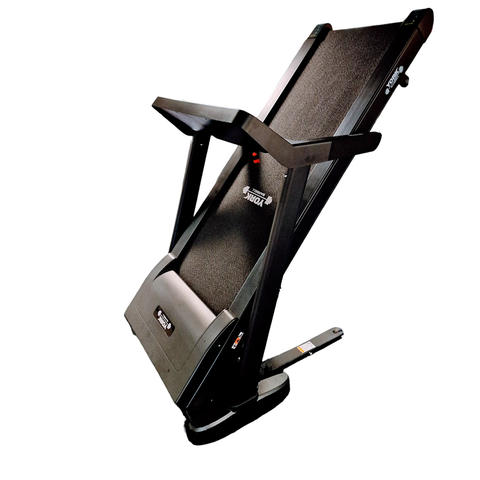 York Barbell HT9 Folding Treadmill folded side angle