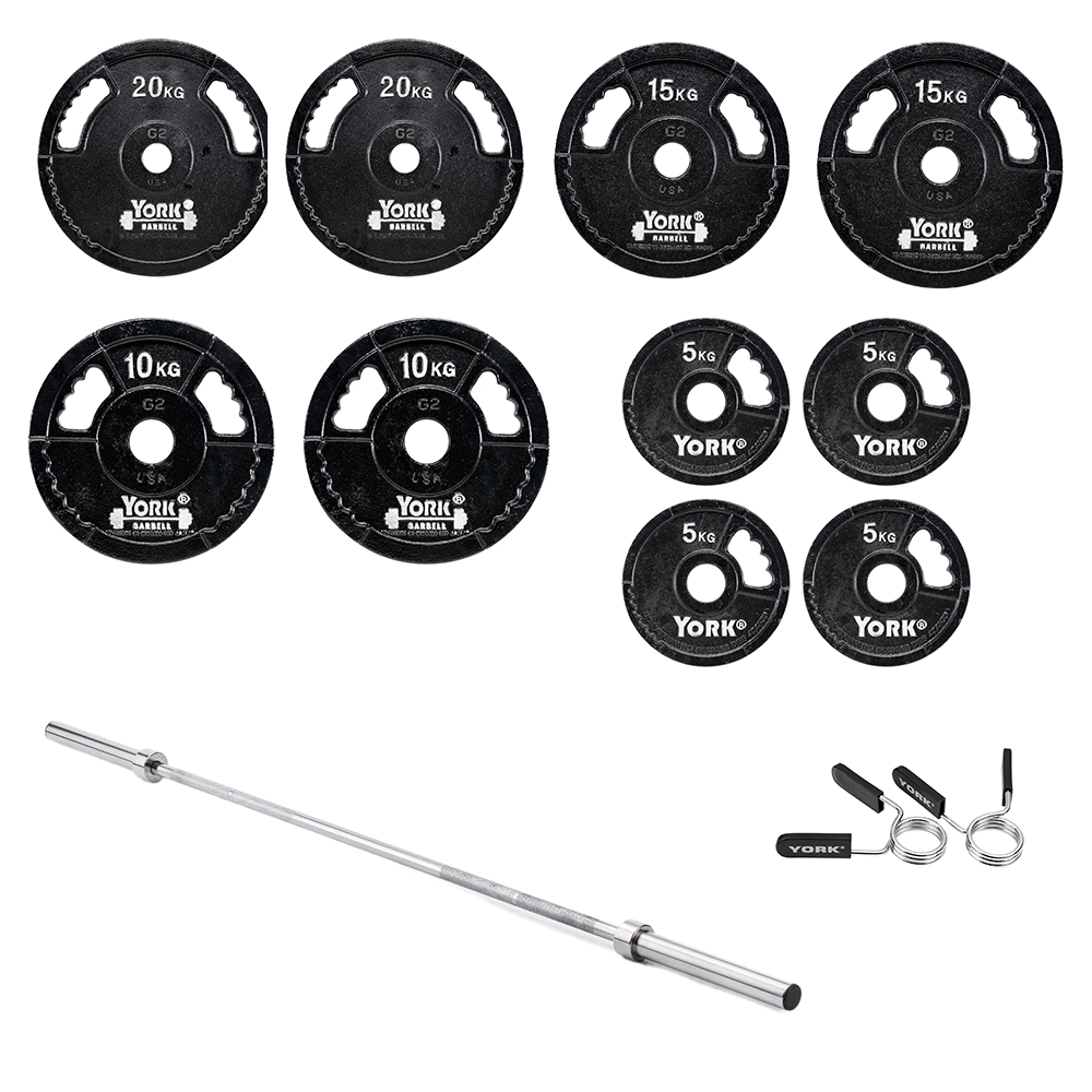 York Barbell G2 2" Cast Iron Olympic Weight Plates 110kg weight set with 7ft Barbell