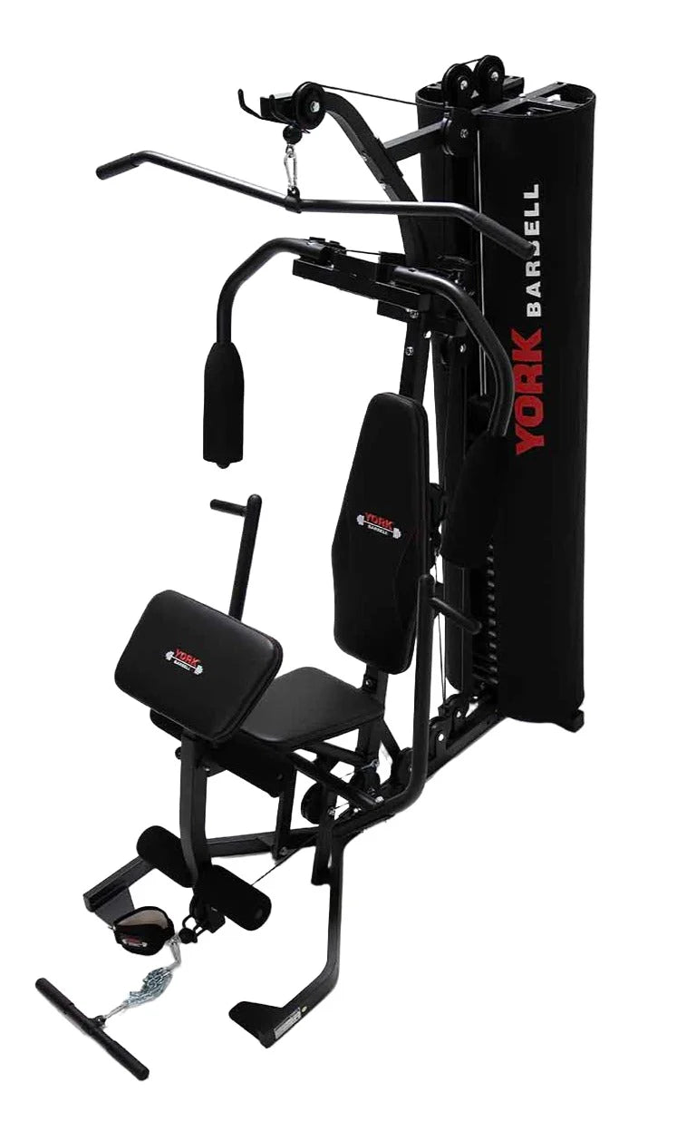 York Barbell HG7 Multigym 100kg Weight Stack in black. High Angle