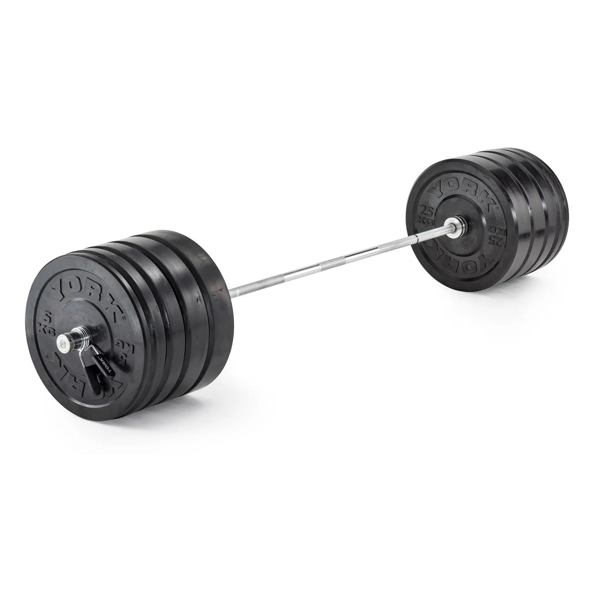 York Barbell Olympic Solid Rubber Black Bumper Plates on olympic barbell