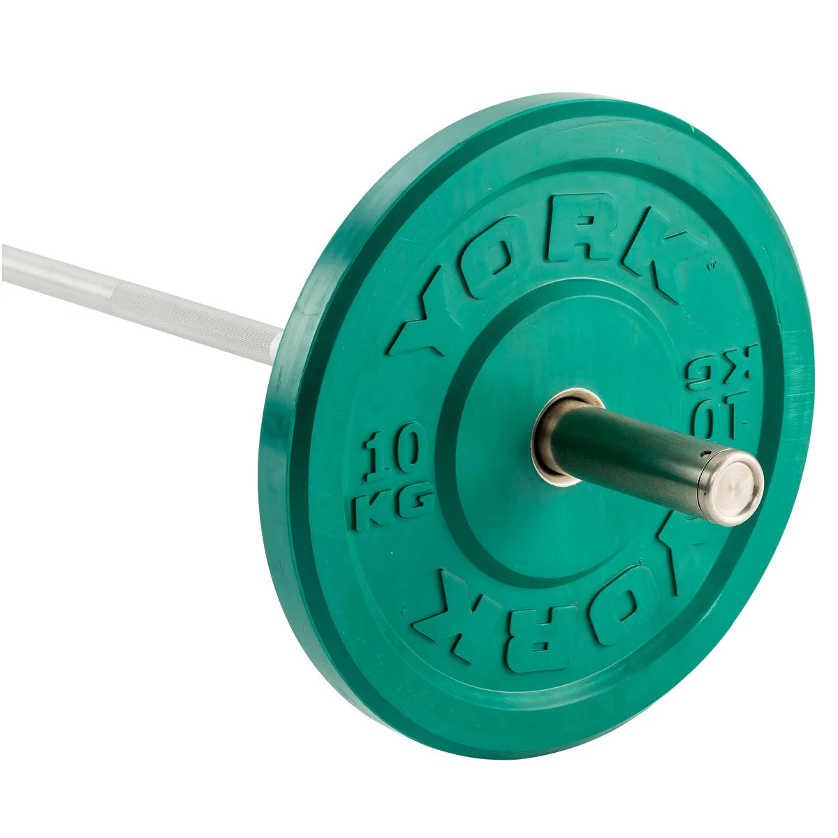 York Barbell Olympic Solid Rubber Coloured Bumper Plate. 10kg green plate