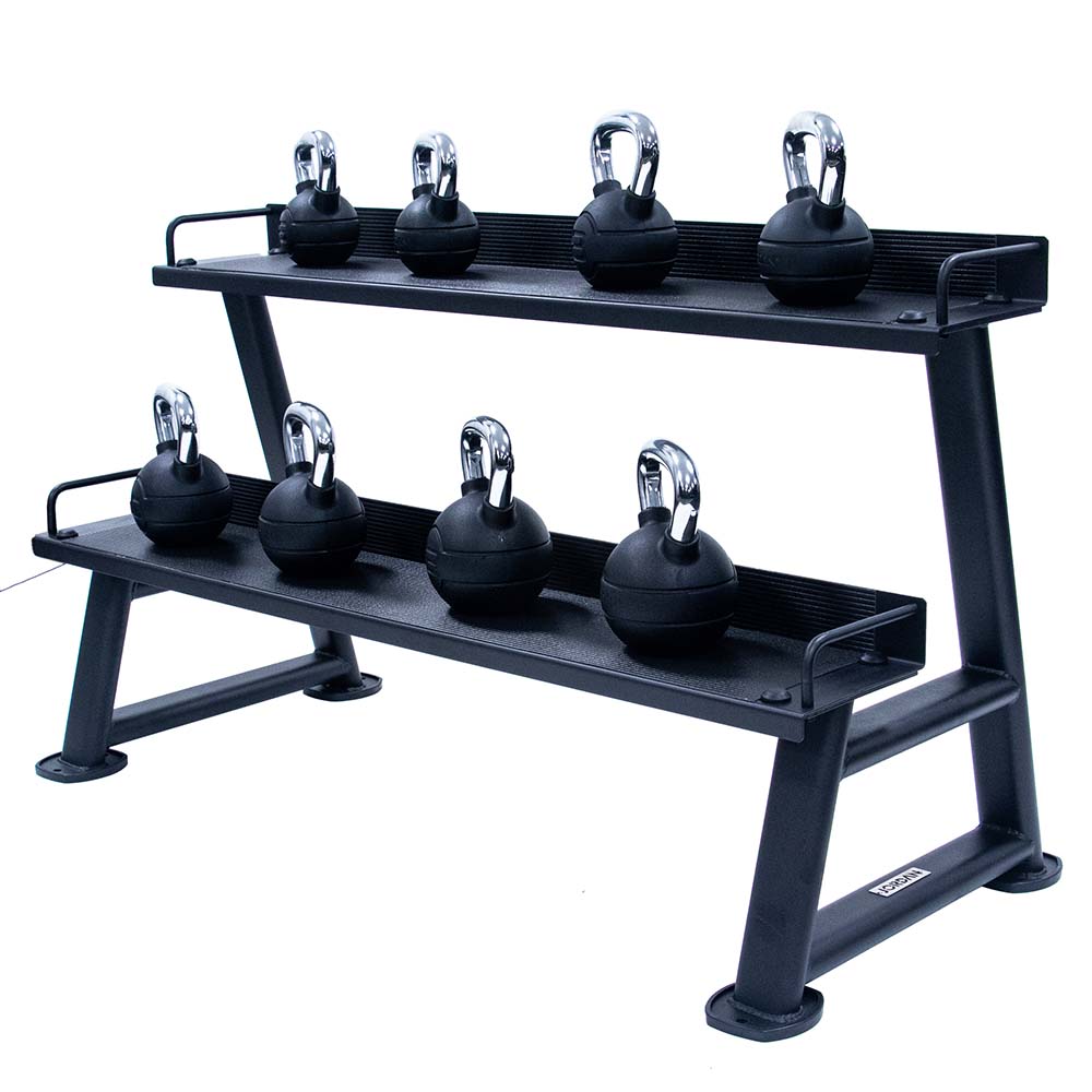 Jordan 2-tier kettlebell rack in black with 8 black coated kettlebells on it.