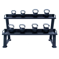Jordan 2-tier kettlebell rack in black with 8 black coated kettlebells on it. 