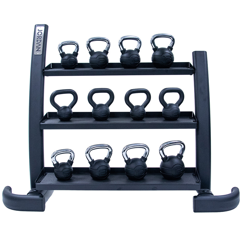 Jordan 3-tier kettlebell rack with black coated kettlebells