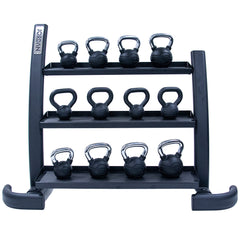Jordan 3-tier kettlebell rack with black coated kettlebells