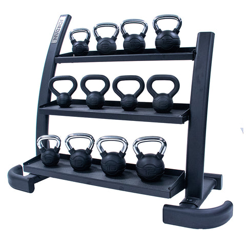 Jordan 3-tier kettlebell rack with black coated kettlebells