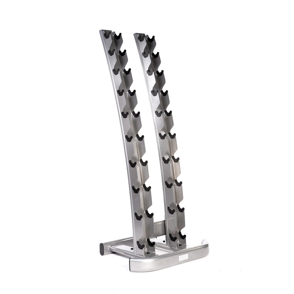 MYO Strength vertical curved dumbbell rack with silver frame